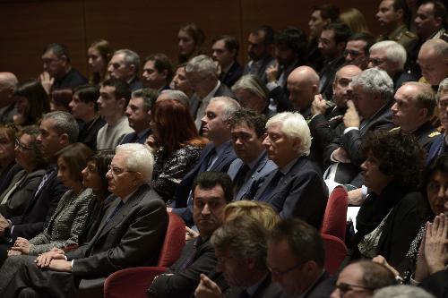 Sergio Mattarella (Presidente della Repubblica), Debora Serracchiani (Presidente Regione Friuli Venezia Giulia), Franco Iacop (Presidente Consiglio regionale) e Loredana Panariti (Assessore regionale Lavoro, Formazione, Istruzione, Pari Opportunità, Politiche giovanili, Ricerca e Università) alla cerimonia di inaugurazione dell'Anno Accademico dell'Università di Udine - Udine 13/11/2017